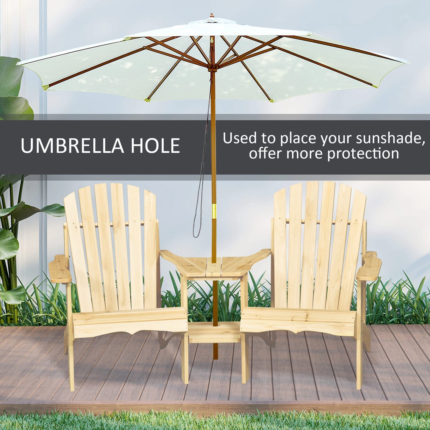 Adirondack Chair Set with Outdoor Table & Umbrella Hole - Natural