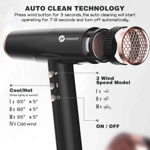 slopehill Professional Ionic Hair Dryer with Diffuser - Lightweight, Compact, Powerful & Fast Salon Blow Dryer with High Speed Brushless Motor for Travel, Women & Men (Ceramic, Black)