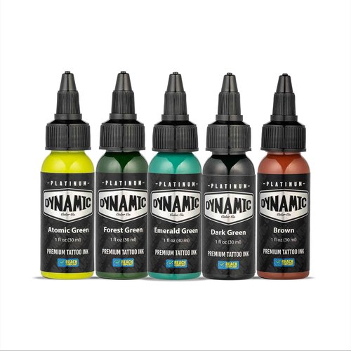 Dynamic Color Co- Earth Tattoo Ink Set - 5 Shades of Natural Brilliance: Atomic Green, Forest Green, Brown, Dark Green, and Emerald Green - Platinum Collection, Reach Compliance, Crafted in Spain