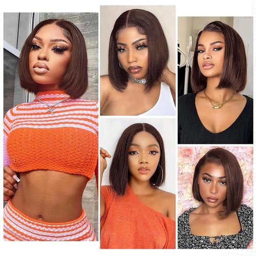 YOUFA Chocolate Brown Short Bob Human Hair Wigs Pre Colored #4 Lace Frontal Wig Pre Plucked 13x4 Transparent Lace Front Human Hair Wigs (Chocolate Brown, 14 inch)