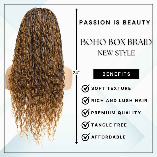 PIB 24'' Full Lace Bohemian Box Braid Wig - Knotless Braided Wigs for Black Women - Synthetic Braided Wig with Natural Baby Hair - Off Black and Light Brown #1B27