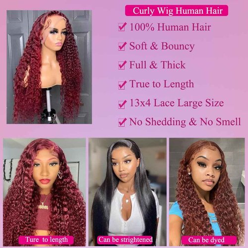 ZANPAL 99J Burgundy Deep Wave Lace Front Wigs Human Hair 13x4 HD Lace Frontal Wigs Human Hair Lace Front Wigs Pre Plucked 99j Burgundy Deep Curly Wigs Human Hair Wigs For Women 180% Density 24 Inch