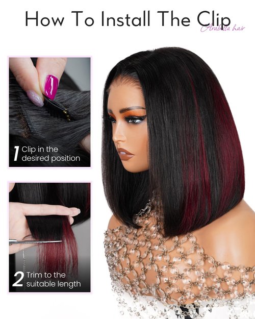 Arabella 12inch 6x6 Bob Wig Human Hair and 4 Pcs 1B/99J Clip in Hair Extensions Ready to Go Glueless Wig Real 210% Density Straight Glueless Bob Wigs Human Hair Pre Cut Lace Pre Bleached Tiny Knots