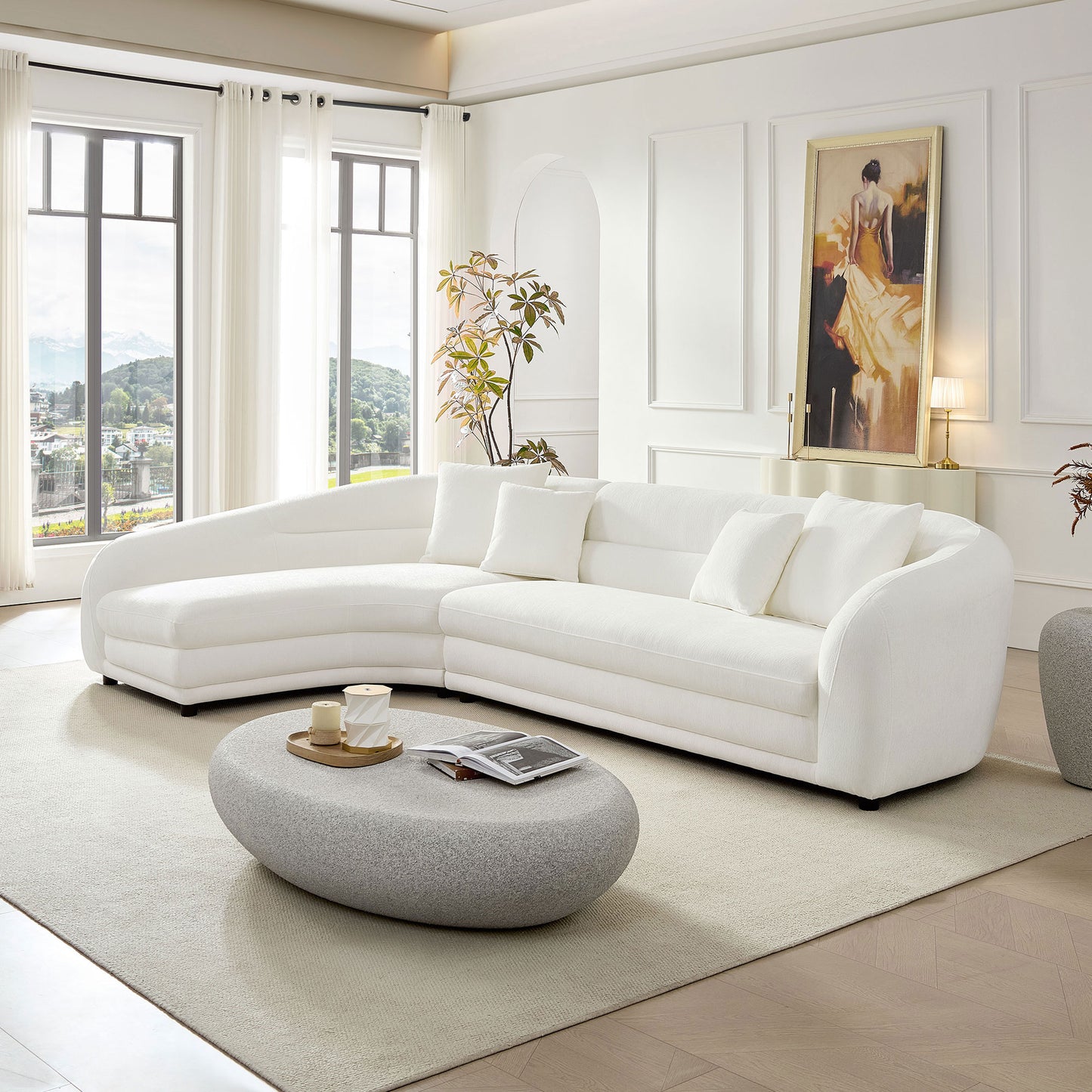125 Inch Curved L-Shaped Modular Sofa with Comfort Pillows - White