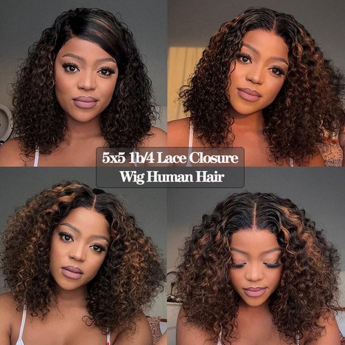 Youleas 5x5 HD Lace Closure Wigs Human Hair 180% Density 1B/4 Highlight Bob Wig Human Hair Glueless Wigs Pre Plucked Short Curly Human Hair Wig Bleached Knots Ready to Wear (14inches)