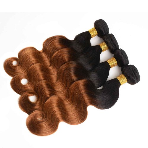 Ombre Body Wave Bundles Human Hair 1B/30 Brazilian Virgin Human Hair Two-tone Dark Root To Blonde Brown Body Wave 3 Bundles Unprocessed Remy Hair Extensions for Women (T1b/30, 10 12 14 inch)