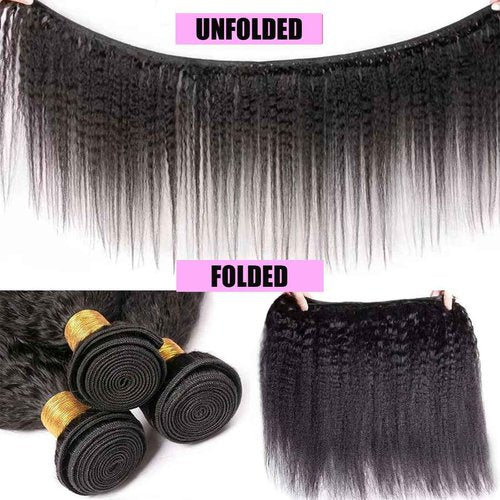 DMS Kinky Straight Hair 3 Bundles Yaki Straight Bundles Human Hair For Black Women 100% Unprocessed Brazilian Remy Hair Natural Black Color (20 22 24)
