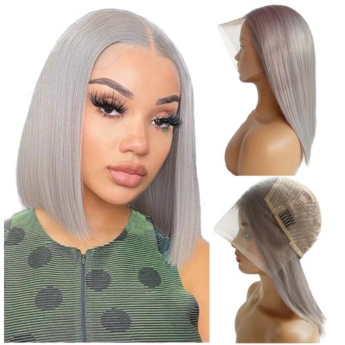 Blonlier Grey Bob Human Hair Wigs 13x4 HD 180% Density Lace Front Wig Human Hair Silver Glueless Wigs Human Hair （14in）