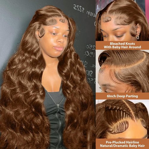200 Density 13X6 Chocolate Brown Body Wave Lace Front Wigs Human Hair 13x6 HD Transparent Lace Front Wigs For Women Auburn Brown Colored with Baby Hair Glueless Wigs Human Hair Full And Thick 18 Inch