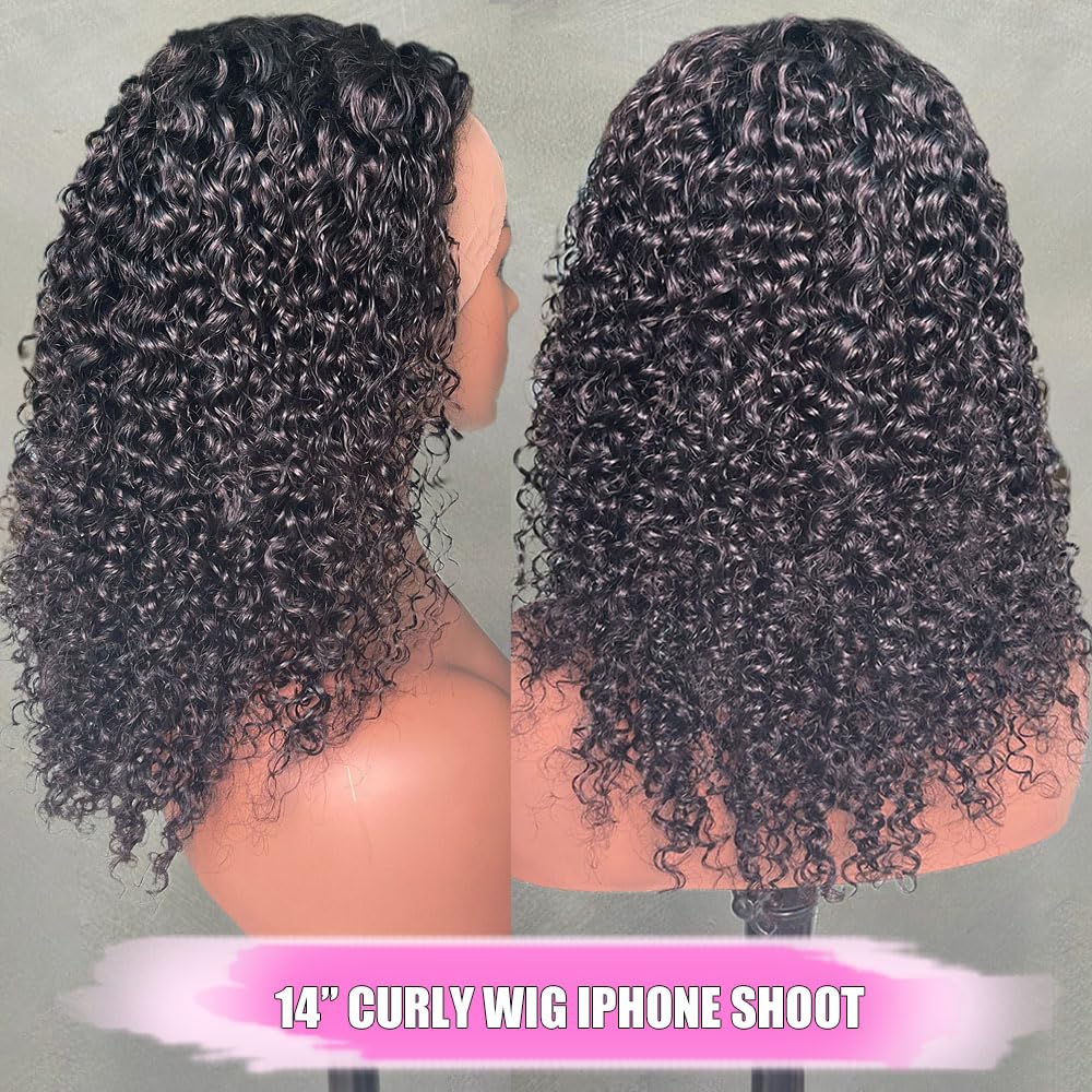 larima Short Curly Wig 200% Density 13X4 HD Lace Front Wigs Human Hair Glueless Wigs Wear and Go Pre Plucked with Baby Hair Jerry Curly Lace Front Wigs Full and Soft Natural Black Color 14 Inch