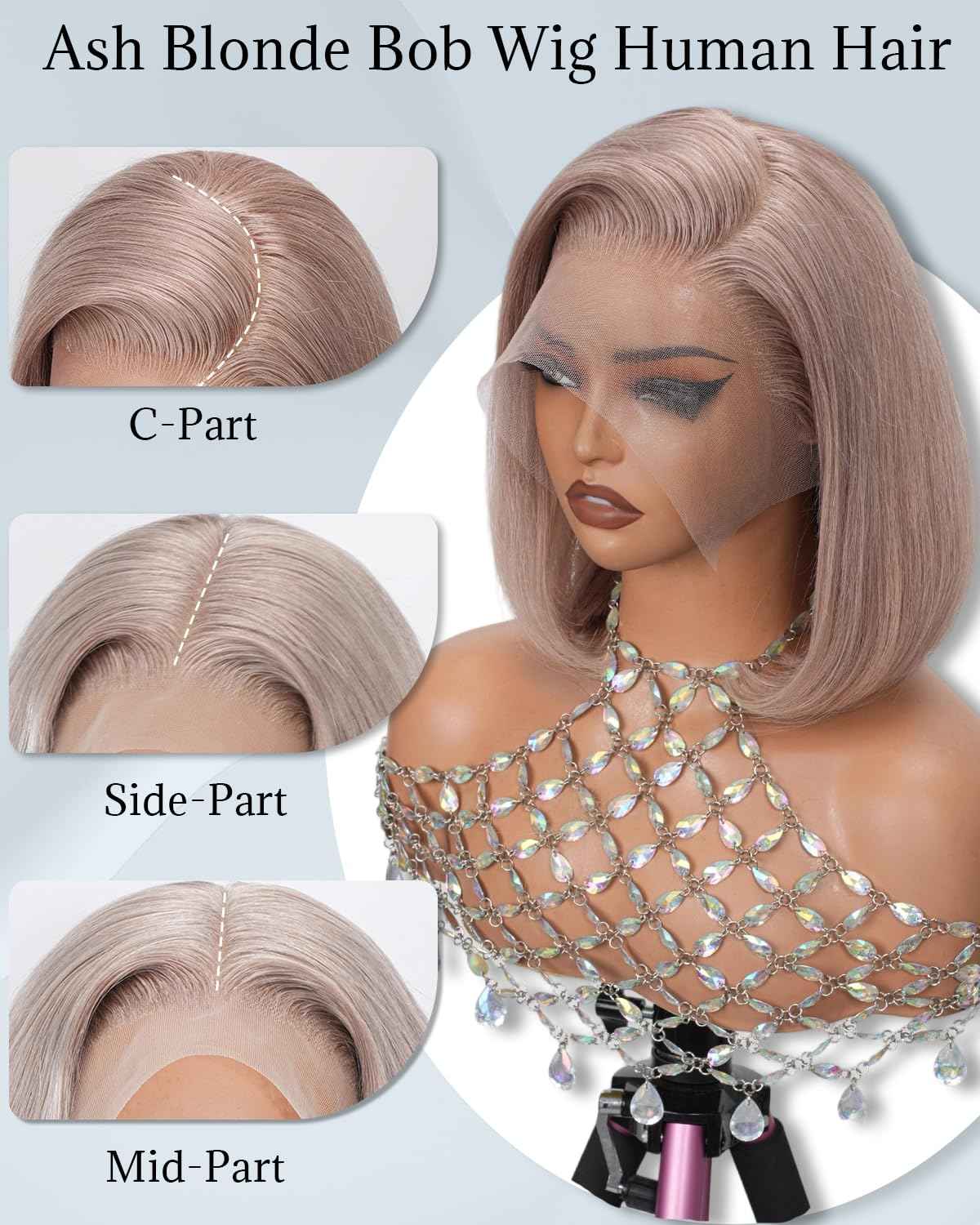 Geomone 10 Inch Ash Blonde Bob Wig Human Hair 180 Density 13x4 HD Lace Fronal Wigs Pre Plucked With Baby Hair Middle Part Ash Blonde Short Straight Colored Bob Wig Natural Look And Beginners Friendly