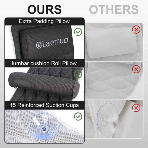 Full Body Bath Pillow Bathtub Pillows-Removable Lumbar Cushion with 17 Non-Slip Suction Cups 4D Air Mesh Fit Any Tub Luxury Bathroom Accessories-Grey