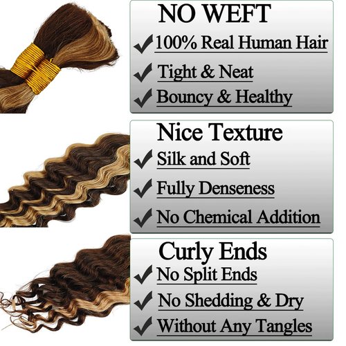 24 Inch Deep Wave Bulk Human Hair For Braiding 100g/2 Bundles Human Braiding Hair For Boho Braids 12A No Weft Deep Wave Curly Human Hair Extensions Balayage(100g,24inch,P4/27#）