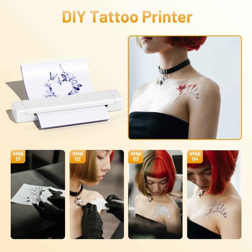 Ponek Tattoo Stencil Printer, M08F Wireless Thermal Tattoo Printer with 10pcs Transfer Paper, Compatible with Phone/Tablet/PC, Tattoo Machine for Tattoo Artists & Beginners, All White
