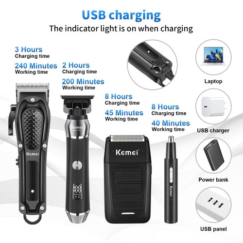 KEMEI Professional Hair Clippers for Men, Cordless Barber Clipper Beard Trimmer Foil Shaver Nose Eyebrow Ear Trimmer Set, USB Charging Complete Electric Hair Cutting Grooming Kit with 11 Guide Combs