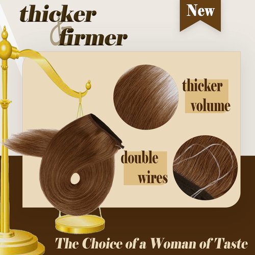 Benehair Human Hair Extensions Thick Ends Invisible Wire Real Human Hair with 2 Fish Lines Thicker Hairpieces 90g Hair Extensions Straight Thicker Hairpieces for Women #6 Light Brown 16 Inch