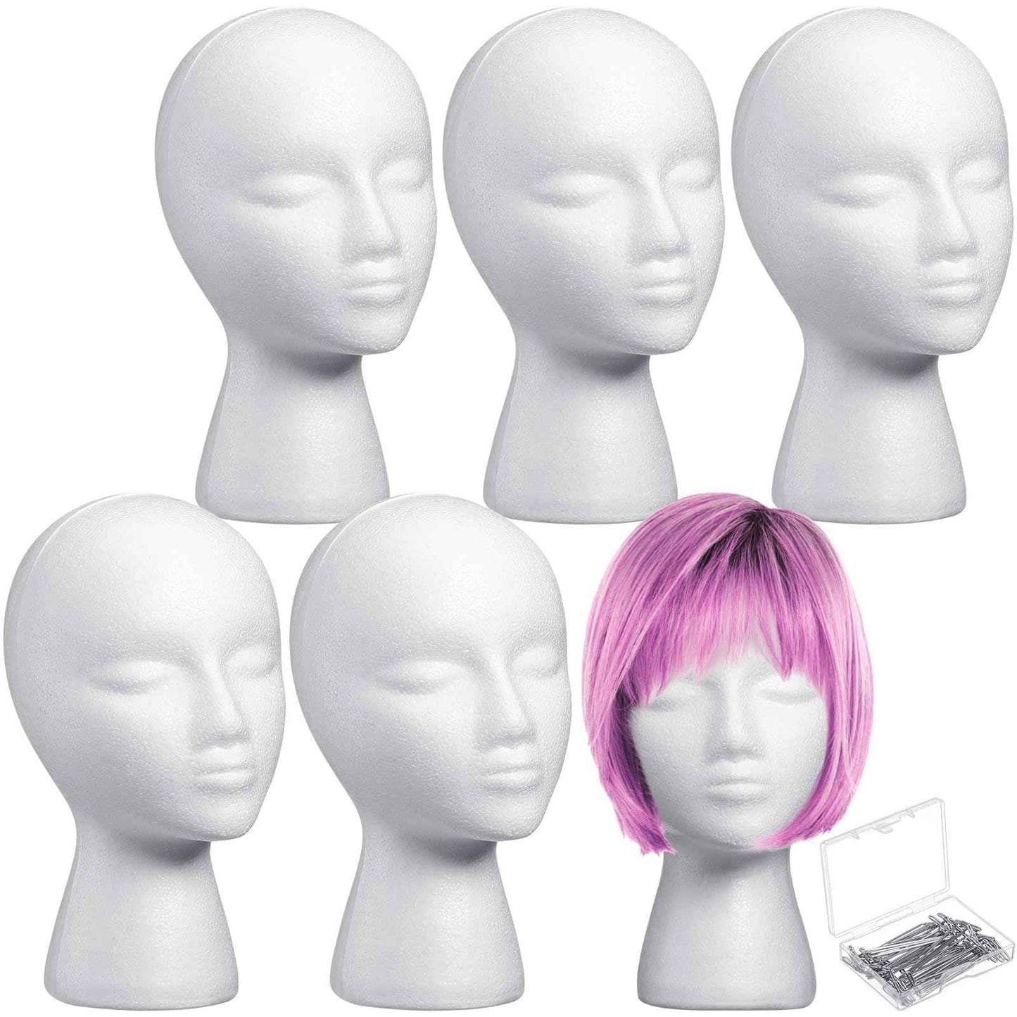 Gisafai 6 Pcs Foam Wig Head with 50 Pcs T Pins Female Foam Mannequin Wig Stand and Holder 11" Tall Cosmetics Model Head Display Hair, Hats Hairpieces Display for Home Travel Salon(White)