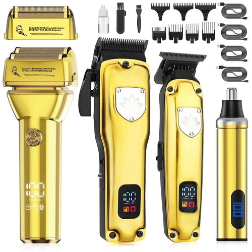Dumite 4-in-1 Hair Clippers for Men, Professional Cordless Barber Hair Cutting Kit, T-Blade Trimmer, Electric Foil Shaver, Nose Hair Trimmer, LCD Display, Grooming Gift Set (Gold)