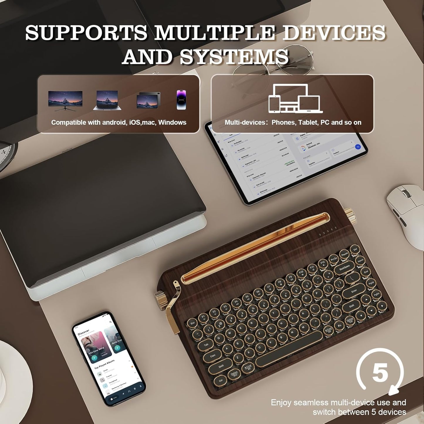 YUNZII QL75 Wireless Typewriter Hot Swap Retro Mechanical Keyboard,Punk Round Keycaps,RGB Backlit QMK/VIA Programmable, Multi-Device Keyboard with 2.4GHz/Type-C/BT5.0 (White, Cocoa Cream V2 Switch)