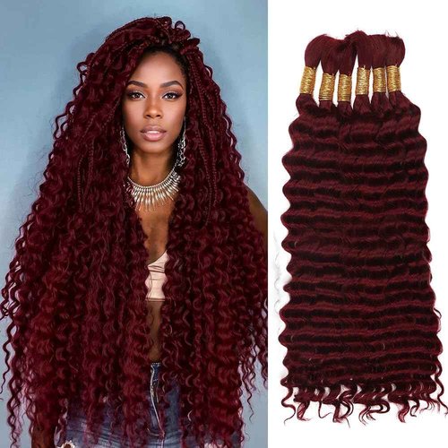 99j Burgundy Human Braiding Hair for Boho Braids,150g 22 inch 6 Bundles Burgundy Deep water Wave Bulk Boho Curly Human Hair for Braiding,Wine red No Weft Wet and Wavy Braiding Hair Extensions