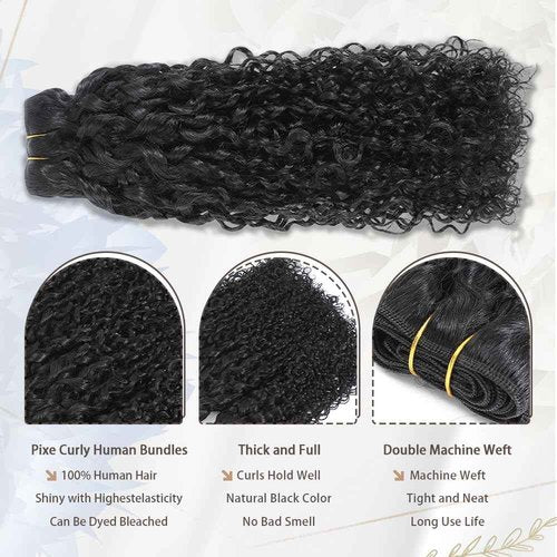 Pixie Curly Bundles Human Hair Water Wave Human Hair Bundles 20 22 24 Inch Kinkycurly Bundles 3c4a Quick Weave Water Wave with Spiral Curly End 100% Raw Virgin Hair Extensions 3pcs Wavy Natural Black