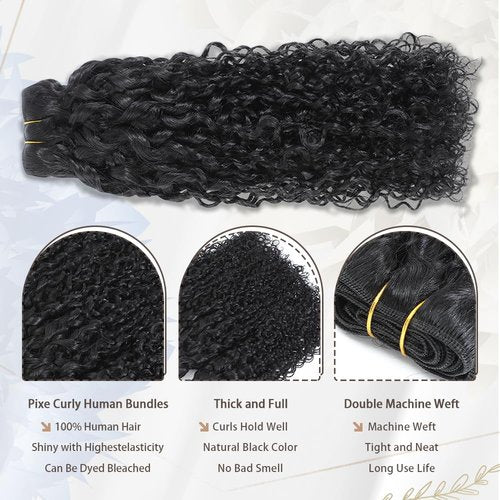 Pixie Curly Bundles Human Hair Water Wave Human Hair Bundles 10 12 14 Inch Kinkycurly Bundles 3c4a Quick Weave Water Wave with Spiral Curly End 100% Raw Virgin Hair Extensions 3pcs Wavy Natural Black