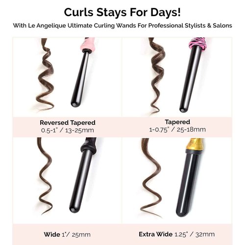 Le Angelique Reverse Tapered Curling Wand for a Unique Curly Look - 1/2 to 1 Inch (13-25mm) Conical Curler Iron with Glove and 2 Clips | 430F Instant Heat | Ceramic Coating | Dual Voltage - Black