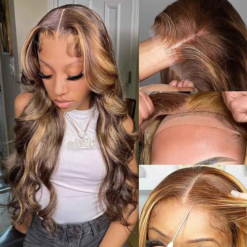 UMEGIRL 26 Inch 5x5 HD Lace Closure Wigs Human Hair Body Wave Wear and Go Glueless Wigs Pre Plucked Pre Cut P4/27 Honey Blonde Highlight Ombre Lace Front Wig Human Hair Wig 180% Density
