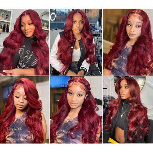 Burgundy 13x4 Lace Front Wigs Human Hair Body Wave Glueless Wine Red 99j Colored Pre Plucked with Baby Hair 180% Density HD Transparent Lace Frontal Wigs for Women (20", Burgundy)