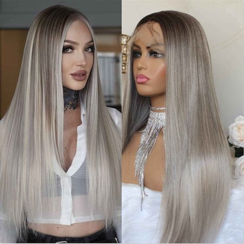 Aisom Ash Grey Lace Front Wigs For Women Synthetic Ombre Lace Frontal Wig Dark Roots Ash Brown Long Wig Lace Front Synthetic Wigs 24 inch
