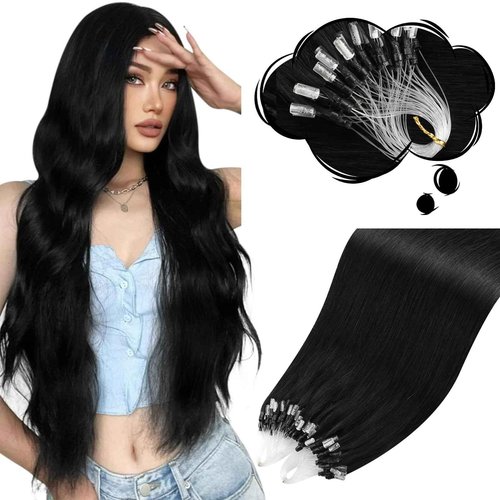 Moresoo 18inch+20inch Black Hair Extensions Real Human Hair Microbead Human Extensions 1g/s 50g/50s Invisible Micro Rings Hair Extensions