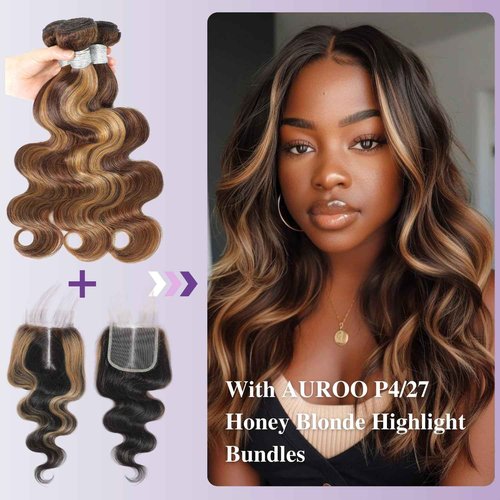 AUROO Honey Blonde Highlight 5x5 Lace Closure Only Human Hair Body Wave, 12A Virgin #27 Ombre Skunk Stripe HD Transparent Lace Closure Pre Plucked with Baby Hair Larger Parting (150% Density, 12 IN)