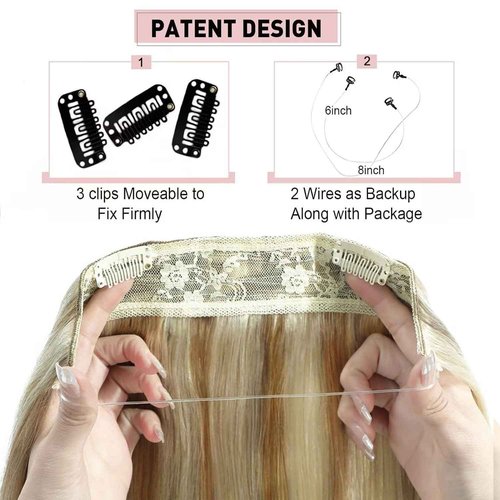 Ugrace Real Human Hair Clip in Extensions with Invisible Fish Line - Straight Hair (14 inch, Highlight Color P16/613)