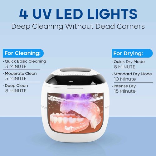 PureRadiance Ultrasonic Retainer Cleaner with Dryer Fan, 45kHz, 3 Cleaning & Drying Modes, 180ml Capacity – Ideal for Retainers, Aligners, Night Guards, Braces, Toothbrushes, & Jewelry (White)