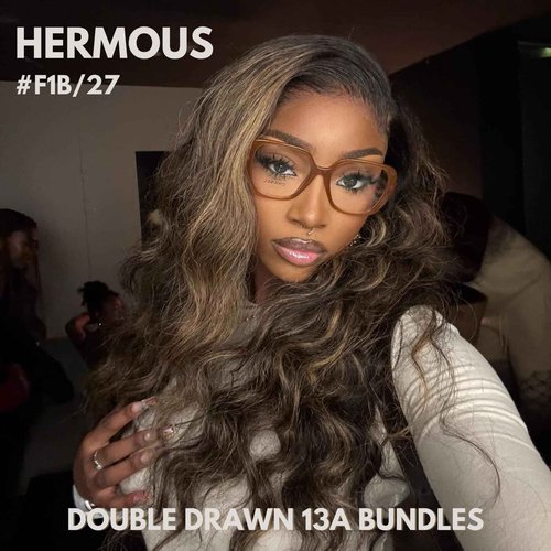 HERMOUS 13A Double Drawn Honey Blonde Highlight FB27 Bundles Body Wave Human Hair, Black With Honey Brown Highlight Human Hair 3 Bundles Unprocessed Remy Hair F1B/27 Ombre Hair Extension 12 14 16 Inch