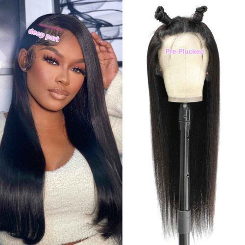 TTSMINS 13X6 Lace Front Wigs Human Hair Pre Plucked With Baby Hair 30 Inch 180 Density Glueless Transparent HD Straight Lace Front Wigs Lace Frontal Wigs for Women Natural Black Color
