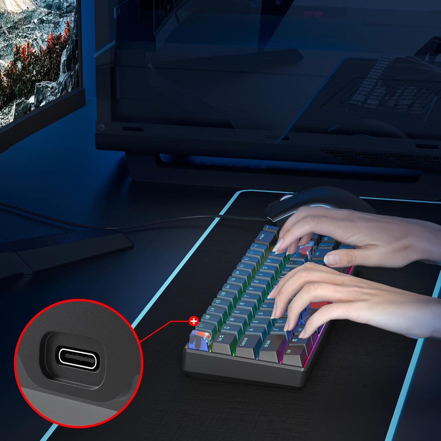 60 Percent Gaming Keyboard Portable 61 Keys Mechanical Keyboard Compact Wired Keyboard RGB Backlit for PC Laptop Gamer(61 Blue/Blue Switch)