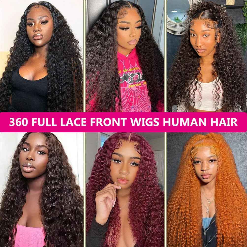 360 Lace Front Wigs Human Hair Hidden Strap Deep Wave Lace Frontal Wig Pre Plucked Drawstring Wig Human Hair 200 Density HD Full Lace Front 360 Glueless Wigs for Women (deep wig, 20inch)