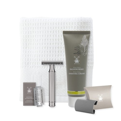 MÜHLE R 89 Shaving Set 5 Pieces - Safety Razor with Closed Comb Chrome-Plated Metal Blade, Cream, Cloth - Silver