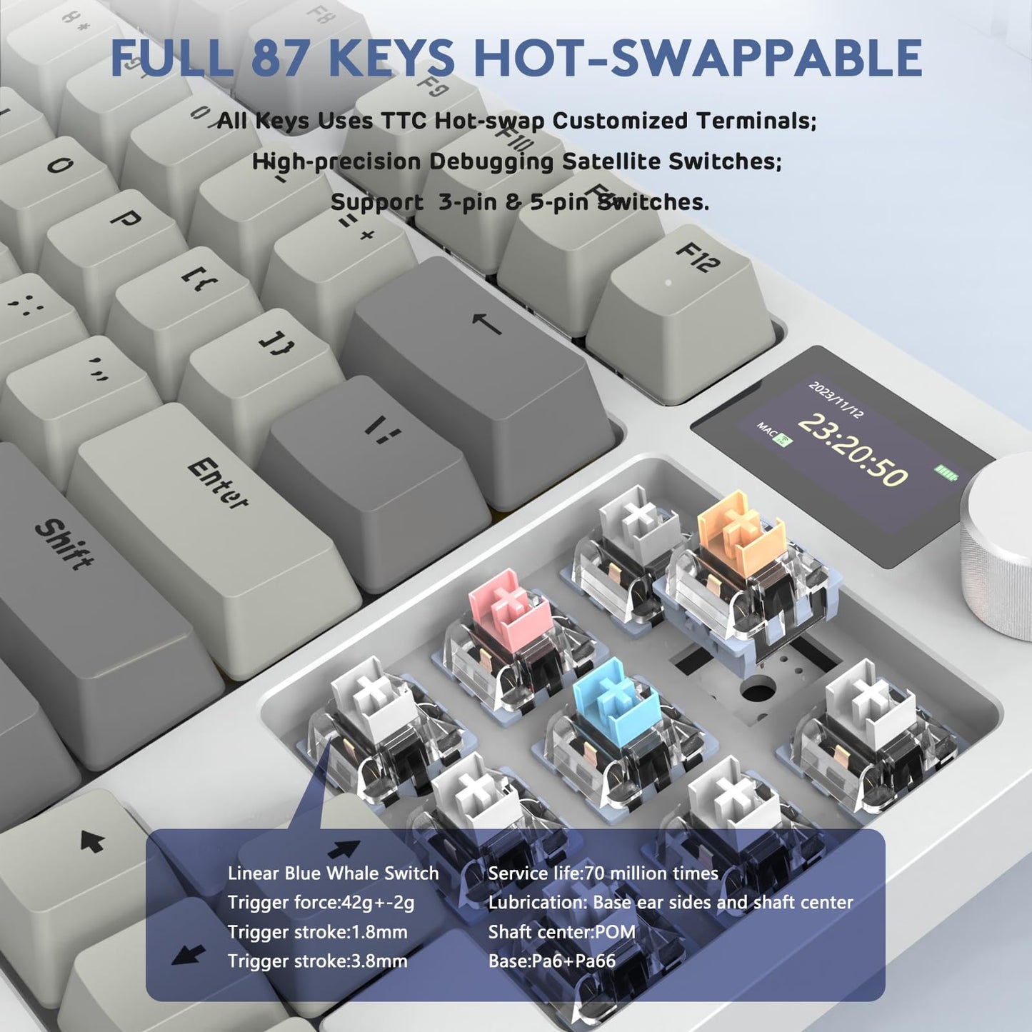 RK86 RGB 75% Wireless Gasket Mechanical Keyboard,Triple Mode Bluetooth5.0/2.4G/USB-C 82 Keys Hot Swappable Gaming Keyboard 4000 mAH Battery w/Knob & 1.2'' HD OLED Display,Custom Linear Switches