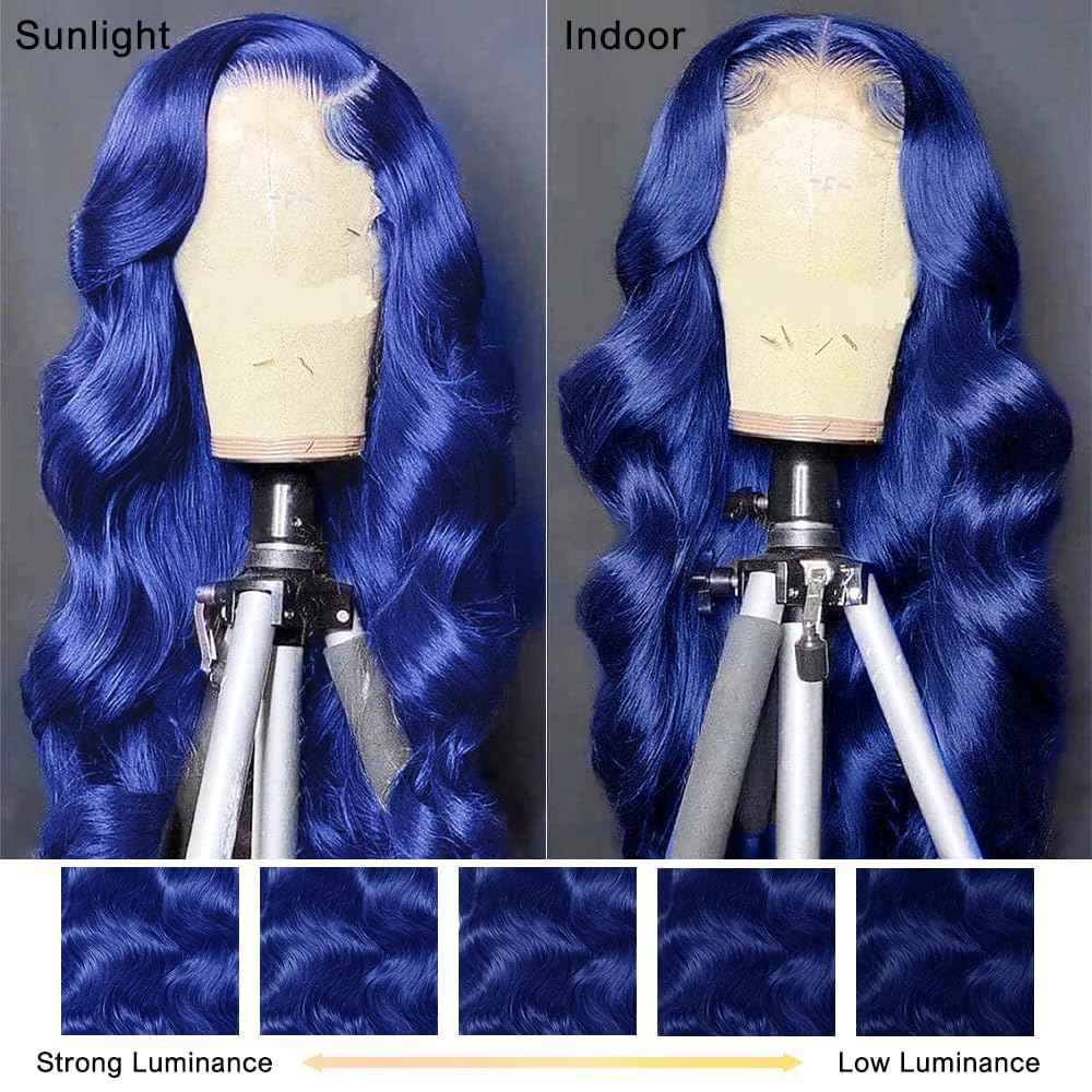 26 Inch Blue Lace Front Wigs Human Hair Body Wave 13x4 HD Transparent Lace Frontal Blue Wig Human Hair Pre Plucked 180% Density Dark Blue Colored Glueless Wigs for Black Women
