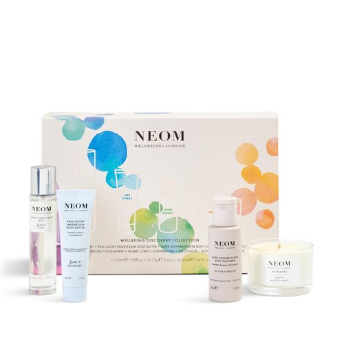 NEOM- Wellbeing Discovery Collection | Perfect Night's Sleep Pillow Mist, Happiness Travel Candle, Real Luxury Magnesium Body Butter & Super Shower Power Cleanser | Gift Set