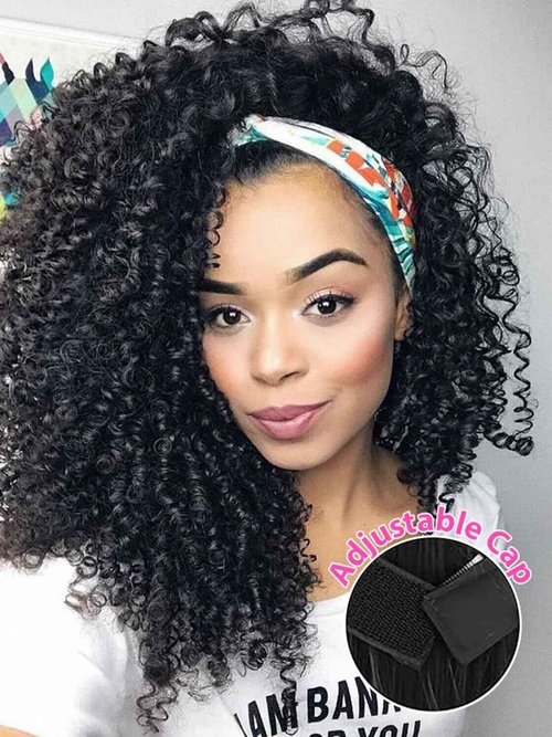 V SHOW Glueless Curly Headband Wig Human Hair 180% Density Thick Throw & Go Kinky Curly Headband Wigs for Women 16 Inch None Lace Front Wigs Wear and Go Glueless Human Hair Wigs