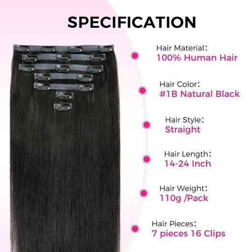 Lashey Invisi Edge Clip in Hair Extensions, 7pcs 110g Silky Straight Seamless Clip in Hair Extensions Human Hair 14 Inch Natural Black Hair with Invisible Soft Weft