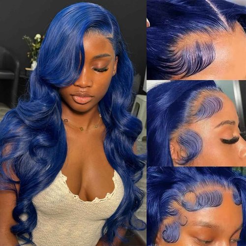 Suresen Dark Blue Lace Front Wigs Human Hair Pre Plucked 180% Density 26 Inch Body Wave HD 13x4 Lace Front Pre Plucked Dark Blue Human Hair Wigs with Bleached Knots Natural Hairline
