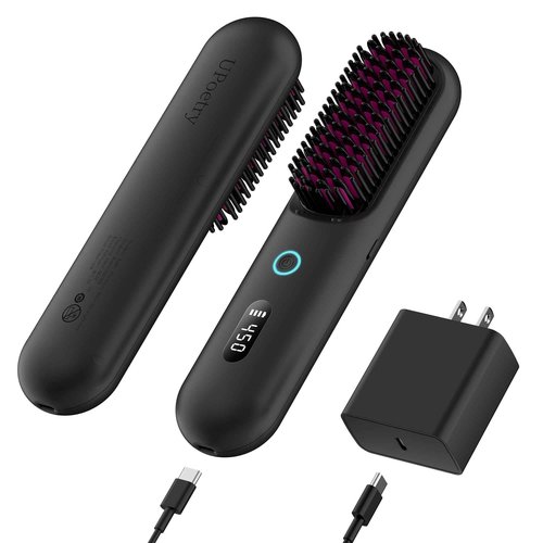 UPoetry Cordless Hair Straightener Brush – Portable Ionic Hot Comb with 65W Fast Charger, Mini Travel Hair Straightening Brush for Women, Lightweight for On-The-Go Styling (Black)