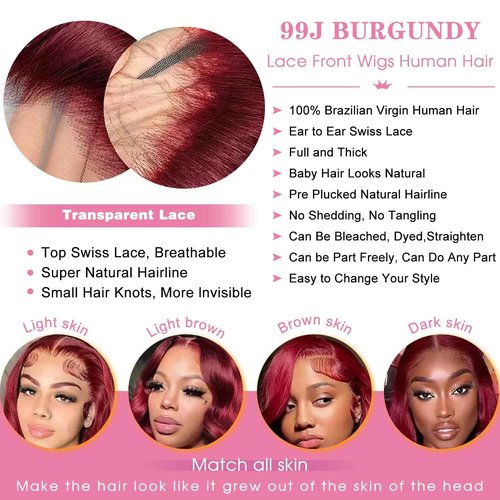 OOVVDA 32 Inch 99J Burgundy Lace Front Wig Human Hair 200 Density 13x4 HD Transparent Lace Body Wave Pre Plucked Wine Red Colored Glueless Wig for Women