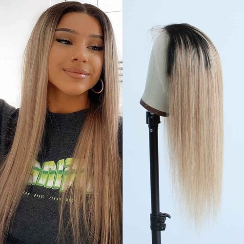 Aprilhair Pre-plucked Ombre #1B/27 Dark Root Honey Blonde Ear To Ear Lace Front Wigs Straight Glueless 150% Density Brazilian Virgin Human Hair With Baby Hair Full (16" inch, Lace Front Wig Straight)