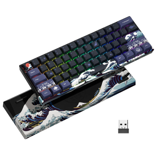 XVX 60% Gaming Keyboard, RGB 3-Modes Wireless Mechanical Keyboard, Mini 60 Percent Gamer Keyboard with Hot-Swappable Pre-lubed Linear Switch for Windows & Mac (Great Wave Off Kanagawa), M61 Pro