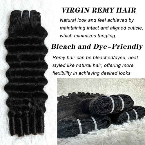 SWEETGIRL Deep Wave Human Hair Bundles Burmese Curly Bundles Human Hair Quick Weave with Spiral End Sew in Hair Extensions, Real Virgin Remy Hair, 16 18 20 Inches, Natural Color